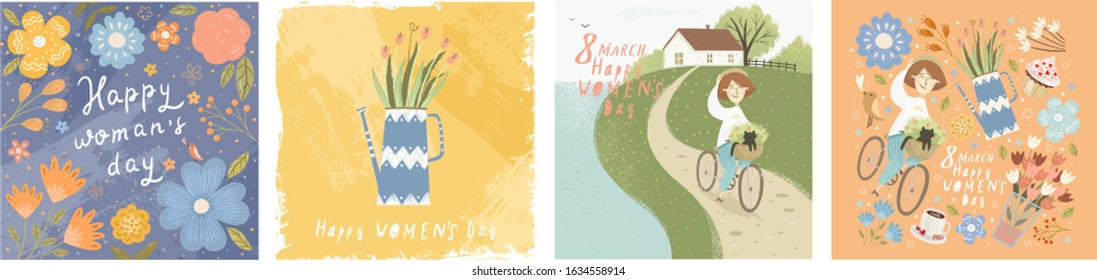 Happy Women's Day March 8! Cute vector illustration: flowers in a vase; Girl on a bicycle in nature, floral background and isolated objects. Drawings for a card, poster or postcard.
 
