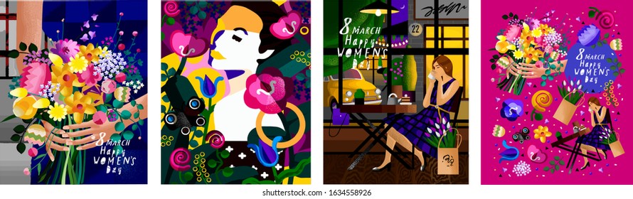 Happy Women's Day March 8! Vector bright illustration of flowers in hands, female abstract portrait and girl at a table in a cafe. Drawing for poster, card or background.
 
