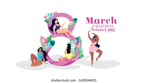 Happy Women's Day. March 8. Spring holiday. Happy girls. Around everything blooms. International Women's Day. Strong girls. Different females. Isolated on a white background. Vector graphics.