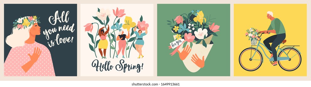 Happy Women's Day March 8! Cute cards and posters for the spring holiday. Vector illustration of a date, a woman and a bouquet of flowers!
