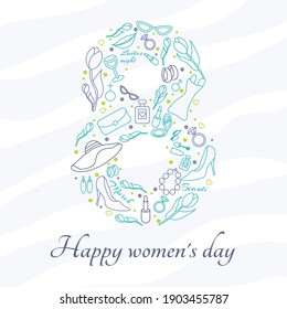 Happy Women's Day. March 8 women's day. Vector illustration of linear icons. Congratulations to mothers, grandmothers, girls, women. Modern postcard. Spring, warm color palette. Elegant invitation.