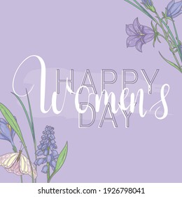 Happy womens day. March 8. Purple banner with spring flowers