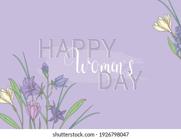 Happy Womens Day. March 8. Purple Banner With Spring Flowers