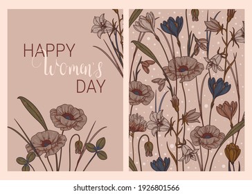 Happy womens day. March 8. Vertical card and back side (flower pattern)