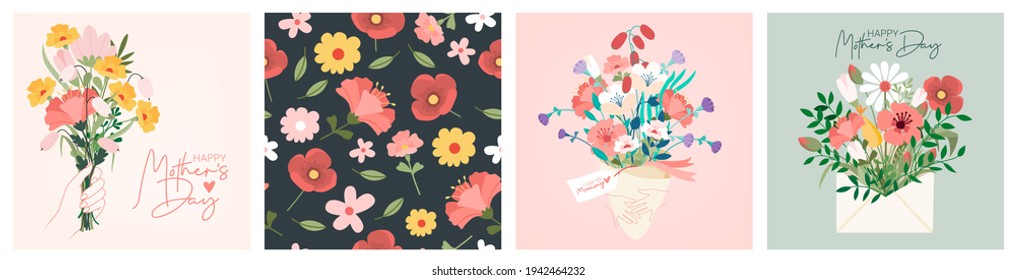 Happy Women's Day March 8! Cute cards and posters for the spring holiday. Vector illustration of a date, a women and a bouquet of flowers