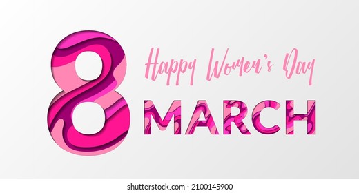 Happy Women's Day March 8 greeting card illustration. 3D papercut letters. March 8th international women's day banner greeting card template.