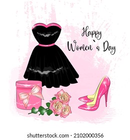 Happy Women's Day March 8 Greeting Card Women's black beautiful dress shoes flowers roses a gift in a box poster for the spring holiday Cute design in grunge style for textiles or gift wrapping Vector