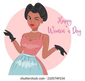 Happy Women's Day March 8 Cute beautiful girl in vintage clothes retro style Romantic postcard and poster for the spring holiday in retro style, print on textiles on cards for gift wrapping Vector ill