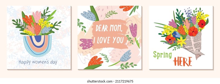 Happy Womens Day March 8. Mothers Day. Cute cards and posters for the spring holiday. Vector illustration of a date, a women and a bouquet of flowers. I love you