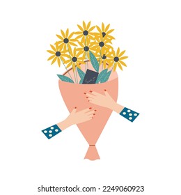 Happy Women's Day March 8! Cute cards and posters for the spring holiday. Vector illustration of a date, a women and a bouquet of flowers!