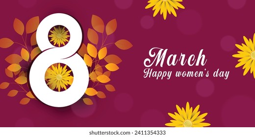 Happy Women's Day. March 8 banner with floral décor. Cut paper with a pattern of spring plants, leaves and flowers