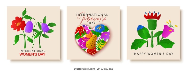 Happy Womens Day March 8. Mother's Day. Cute cards and posters for the spring holiday. Vector illustration of a date, a women and a bouquet of flowers. I love you