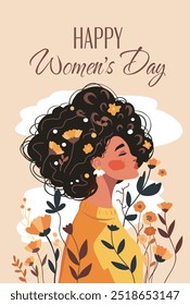 Happy women's day. March 8 vector spring holiday banner, curly girl in flowers with text happy international women's day. Feminism concept, women empowerment, gender equality