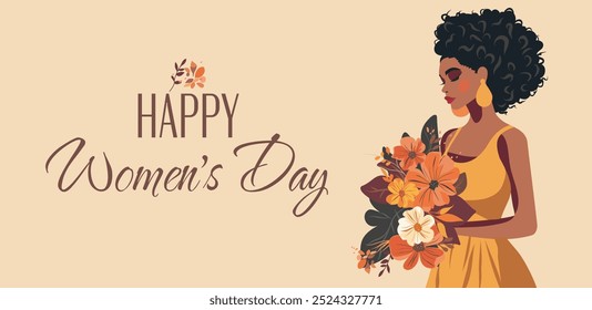 Happy Women's Day. March 8 vector spring holiday horizontal banner, African American woman holding flowers. Feminism concept, women empowerment, gender equality