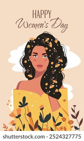 Happy Women's Day. March 8 vector spring holiday banner, beautiful woman in flowers. International Women's Day card. Feminism concept, women empowerment, gender equality