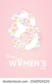 Happy womens day, march 8, greeting card, 3d delicate flowers