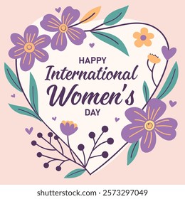 Happy Women's Day March 8! Cute card and poster for the spring holiday. Vector illustration of a date, a women and a bouquet of flowers! 