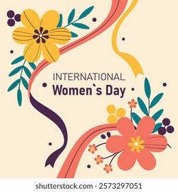 Happy Women's Day March 8! Cute card and poster for the spring holiday. Vector illustration of a date, a women and a bouquet of flowers! 