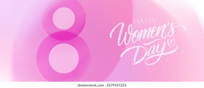 Happy Women's Day, March 8 festive banner with hand lettering and soft pink and purple blurred gradients background. Vector illustration.