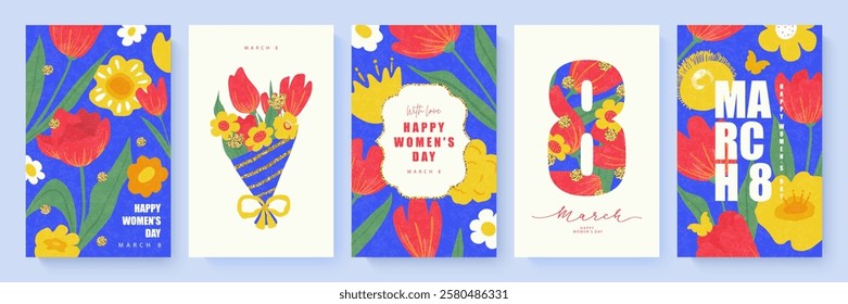 Happy Women's Day March 8. Set of colorful cards with spring flowers, butterflies and golden design elements. Vector illustration
