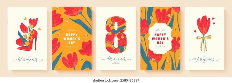 Happy Women's Day, March 8. Set of postcards with tulips, women's shoe, golden design elements. Vector illustration, spring holiday.