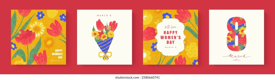 Happy Women's Day March 8. Set of colorful cards with flowers, butterflies and golden design elements. Vector illustration, spring holiday.