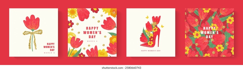 Happy Women's Day, March 8. Set of postcards with tulips, women's shoe, golden design elements. Vector illustration, spring holiday.