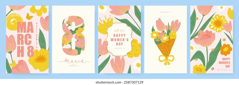 Happy Women's Day, March 8. Set of cards with hand drawn spring flowers, butterfly and gold glitter. Poster for spring holiday. Hand drawn floral template for women's day march 8, mother's day, easter