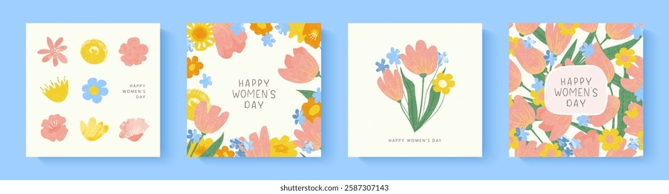 Happy Women's Day March 8. Set of cute cards with flowers. Hand drawn floral templates for spring holiday. Vector illustration.