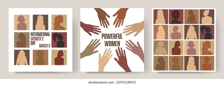 Happy Women's day. March 8, International Women's day card with women. Woman silhouette head isolated. Flat design. The power is in women.