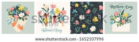 Happy Women's Day March 8! Cute cards and posters for the spring holiday. Vector illustration of a date, a women and a bouquet of flowers!