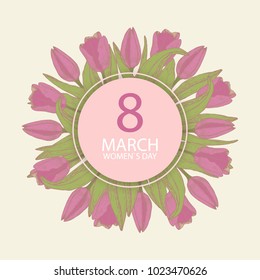 Happy Women's Day, March 8th. Spring holiday. Greeting card, abstract background with hand draw tulips. Vector EPS10