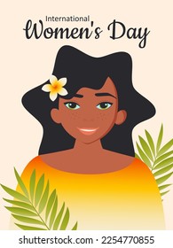 Happy Women's Day March 8th. A woman with a plumeria flower smiles happily. Cute vertical poster for the spring holiday. Vector.