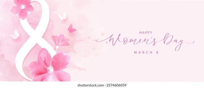 Happy Women's Day, March 8th. Beautiful banner with watercolor flowers and butterflies, delicate pastel colors. Vector illustration