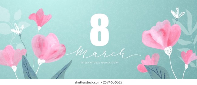 Happy Women's Day, March 8th. Beautiful banner with watercolor flowers , delicate pastel colors. Background with trendy grainy texture. Vector illustration