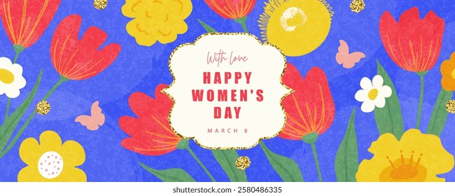 Happy Women's Day March 8th. Colorful banner with flowers, butterflies and shiny gold elements. Vector illustration. Spring festival