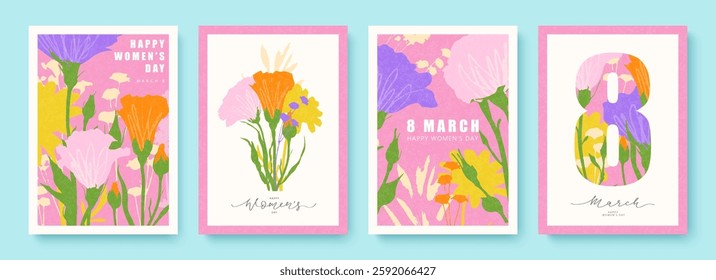 Happy Women's Day March 8th. Set of postcards with bright hand drawn spring flowers and grainy texture. Poster or card for spring holiday. Hand drawn floral template for Women's Day March 8