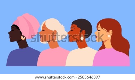 Happy Women's Day March 8th banner or greeting card with womens face. Mothers Day. Greeting card for 8 March. For brochures, postcards, tickets, banners. Girl power