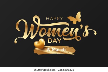 Happy Women's day message, butterfly and heart golden design on black background, EPS10 Vector illustration.
