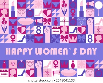 Happy Womens Day modern background with geometric pattern. Festive background with abstract mosaic pattern with hearts, tulips, gifts, lips. Vector illustration