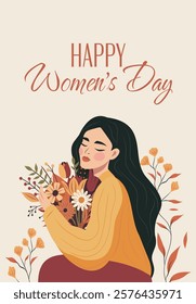 Happy Women's Day. Women's month. Vector spring holiday banner March 8, girl in flowers with text International Women's Day. Feminism, women's empowerment. Illustration for poster, banner, postcard