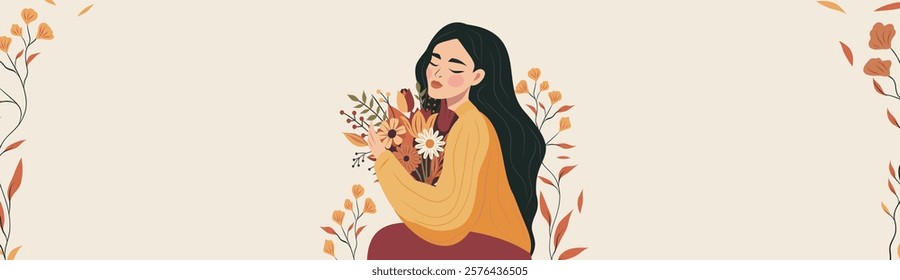 Happy Women's Day. Women's month. Vector spring holiday banner 8 March, beautiful woman in flowers with place for text. Feminism, women's empowerment. Illustration for poster, banner, postcard