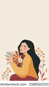 Happy Women's Day. Women's month. Vector spring holiday banner 8 March, girl in flowers with place for text. Feminism, women's empowerment. Illustration for poster, banner, postcard