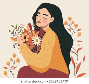 Happy Women's Day. Women's month. Vector spring holiday banner 8 March, girl in flowers. Feminism, women's empowerment. Illustration for poster, banner, postcard