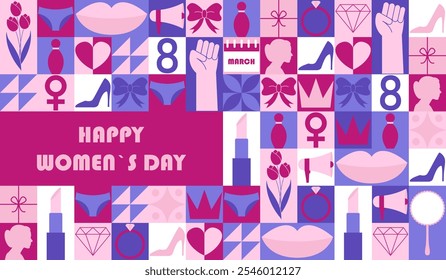 Happy Womens Day mosaic banner. Horizontal poster, greeting card, header for website. Modern neo geometric abstract background. Vector illustration