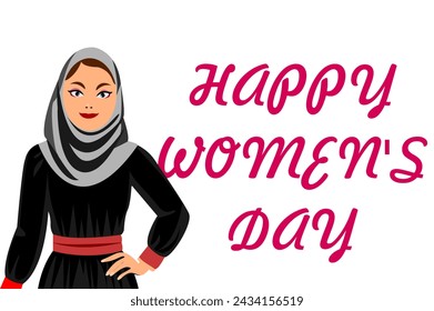 Happy womens Day a Muslim girl with Happy women's day text isolated on white background. Happy Women day Arabic, international woman day.