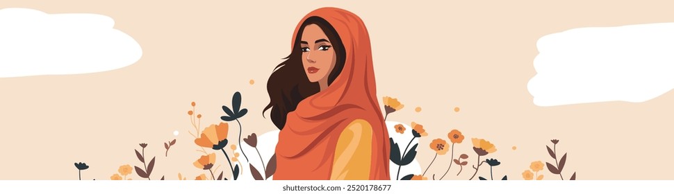 Happy Women's Day. Muslim woman in flowers on soft pastel pink background. Happy Mother's Day. Vector horizontal banner with place for text. Feminism concept, women empowerment, gender equality