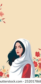 Happy Women's Day. Muslim woman in flowers on soft pastel pink background. Happy Mother's Day. Vector vertical festive banner with space for text. Feminism concept, women empowerment, gender equality