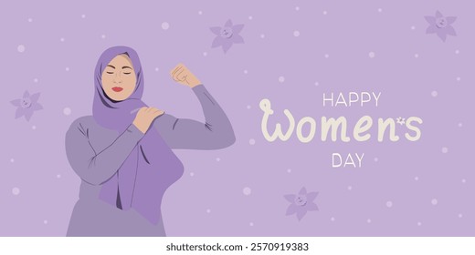 Happy Women's Day. Muslim woman showing her biceps. Accelerate action. Holiday vector illustration