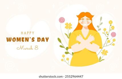 Banner do Feliz Dia das Mulheres, 8 de março, com uma jovem sorridente abraçando-se sobre fundo floral. Desenhado à mão ilustração de vetor de desenhos animados planos. Conceito de feminismo e empoderamento feminino